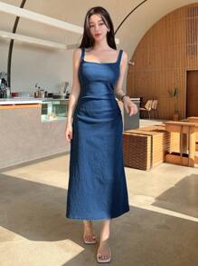 DAZY Women's Side Ruched Denim Cami Dress - Blue - View 2