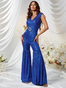YISIKADO Women's Elegant V-Neck Sleeveless Flared Leg Glittery Jumpsuit - 藍色 - 查看 5