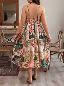 Breezaya Plus Size Women's V-Neck Crisscross Back Tropical Plant Print Jumpsuit With Spaghetti Straps