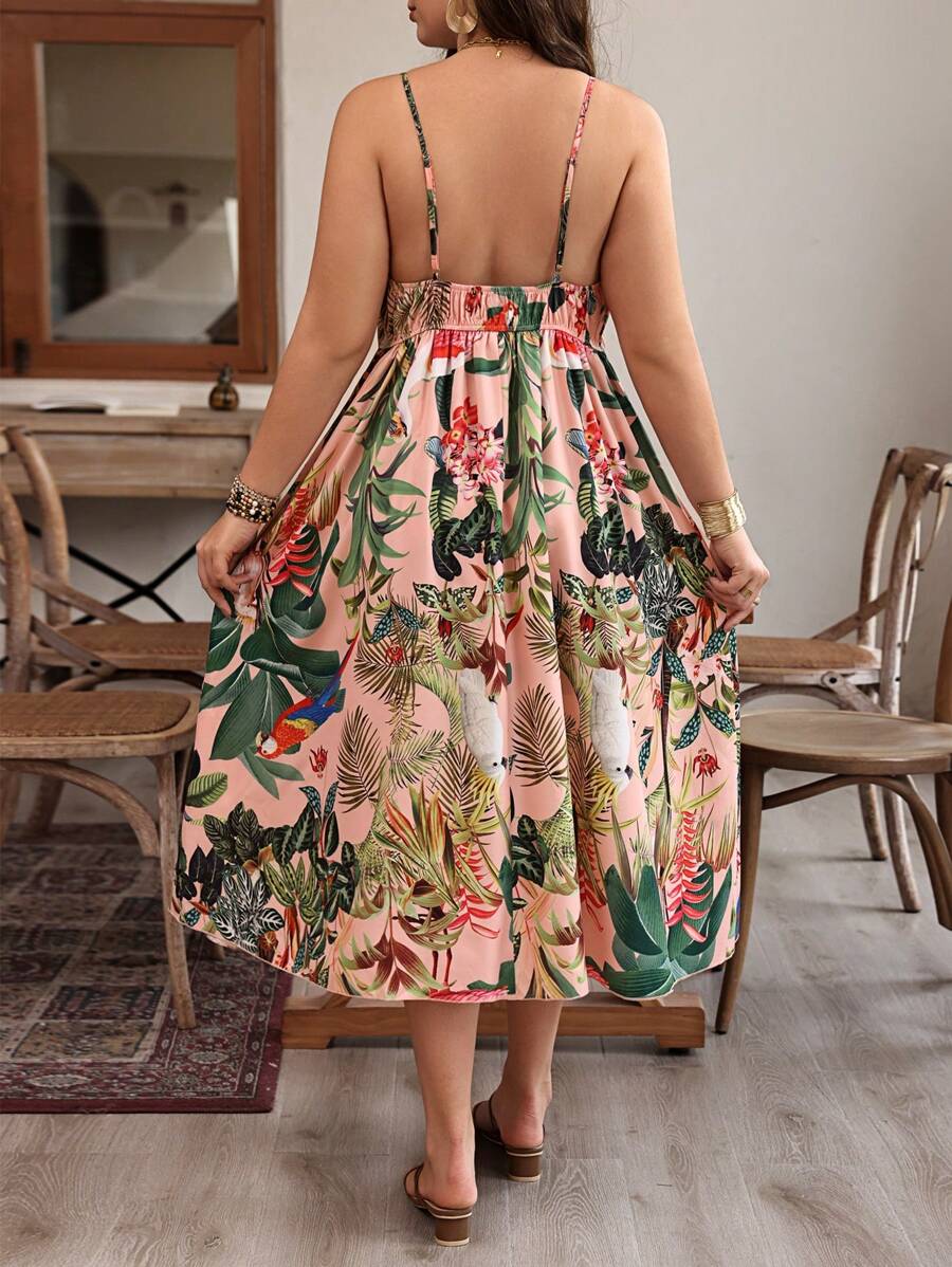 Breezaya Plus Size Women's V-Neck Crisscross Back Tropical Plant Print Jumpsuit With Spaghetti Straps