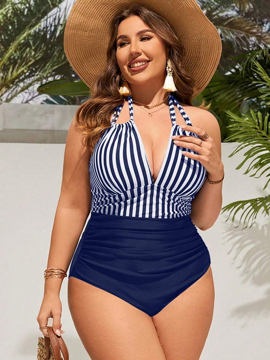 Swim Lushoire Plus Size Striped Halterneck Monokini With V-Neck, Beach Outfit Bathing Suit Summer,Summer Beach - Navy Blue - View 1