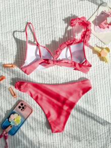 Swim SXY 女士花朵装饰分体比基尼套装，配有聚拢衬垫和钢圈，比基尼套装海滩泳装泳衣夏季，夏季海滩 - 西瓜粉 - 查看 3