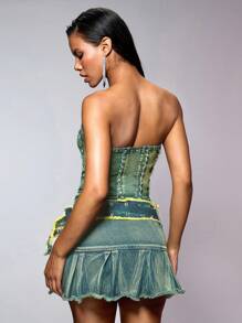 SHEIN BAE Washed Green Tint Distressed Mini Skirt&Music Festival&
Denim Set&Denim Skirt - Multicolor - View 2
