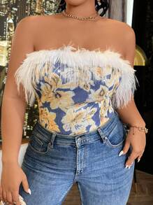 SHEIN Unity Plus Size Floral Print Splice Strapless Top - Multicolor - View 4
