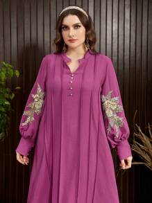 Al Najma Plus Size Gold Sticker Trim Solid Color Style Modest Long Sleeve Arabian Dresses - Hot Pink - View 1