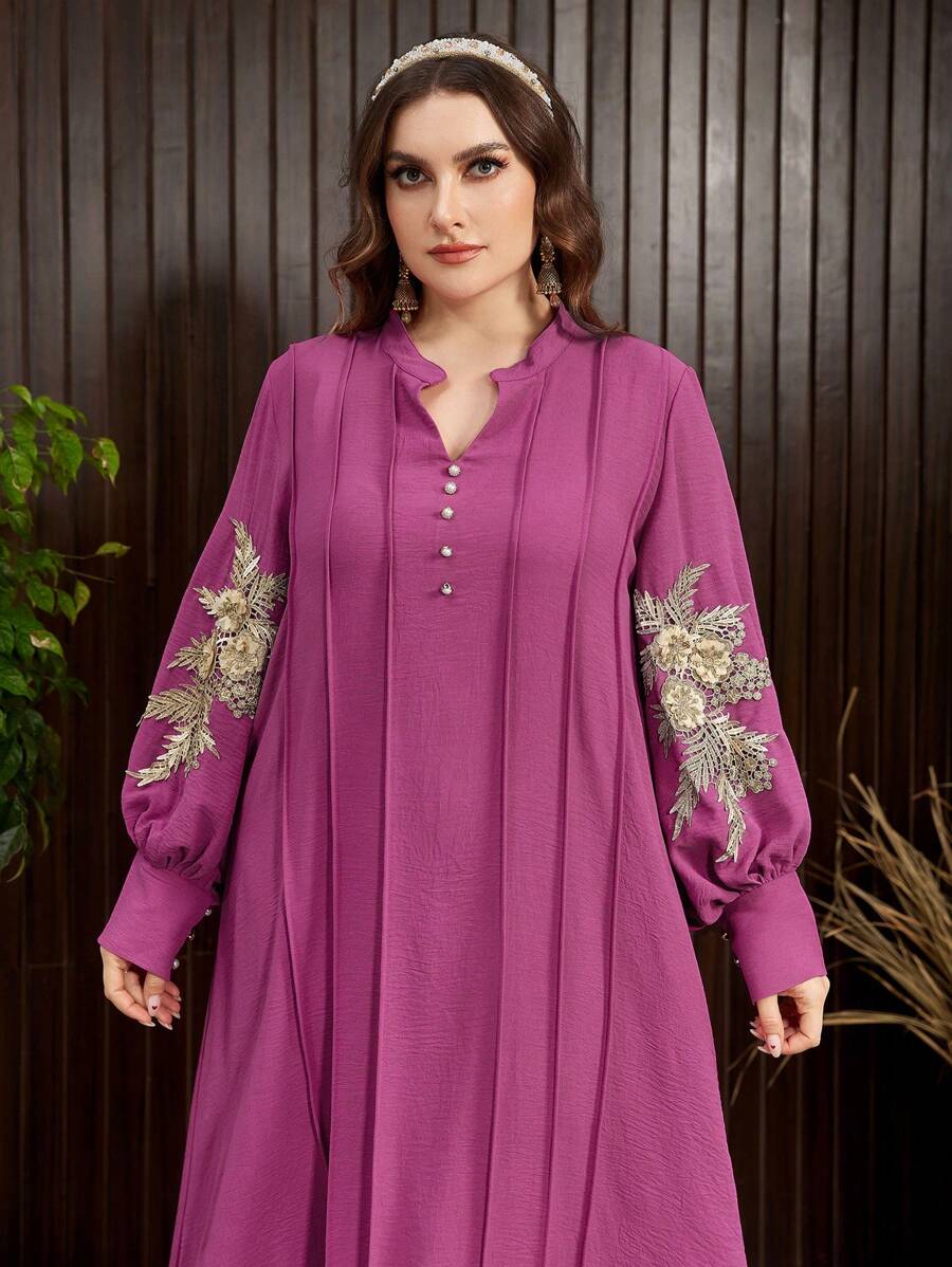 Al Najma Plus Size Gold Sticker Trim Solid Color Style Modest Long Sleeve Arabian Dresses - Hot Pink - View 1