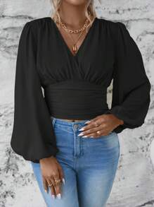 Celure Grote maten Effen kleur Lantern mouwen Cropped Shirt