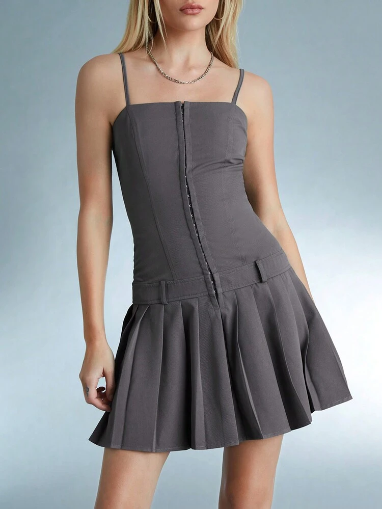 Women's Solid Color Pleated Hem Spaghetti Strap Dress