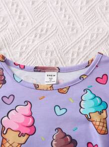 SHEIN Young Girl Ice Cream Print Tee & Shorts Set - Purple - View 4