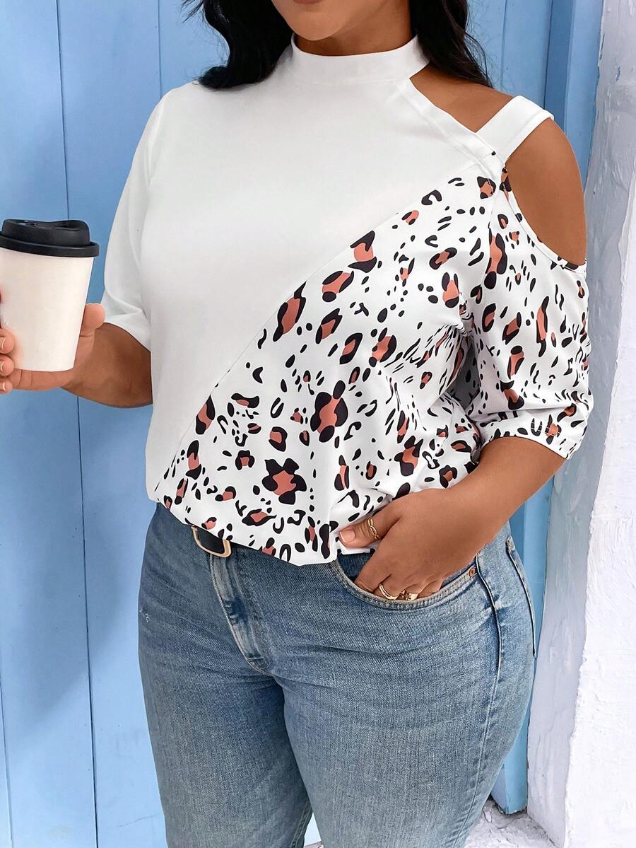Calvaya 大尺寸豹紋拼接不對稱領t恤 - 白色 - 查看 1