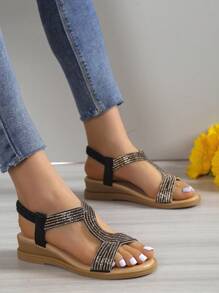 Summer Comfortable Fairy Style High Heel Wedge Sandals With Thick Bottom, Rhinestone Decor, Open Toe, And Roman Style Valentines - Black - View 7