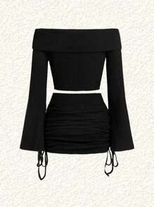 SHEIN EZwear 新年休闲黑色罗纹露肩针织两件套女士套装 - 黑色 - 查看 2