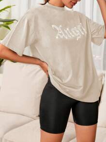 SHEIN Cottnline Rhinestone Letter Detail Short Sleeve T-shirt - Yellow - View 3