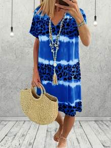 Plus Leopard Print Short Sleeve Dress - Blue - View 1