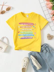 1件年輕女孩可愛口號印花短袖T恤 - 黃色 - 查看 7