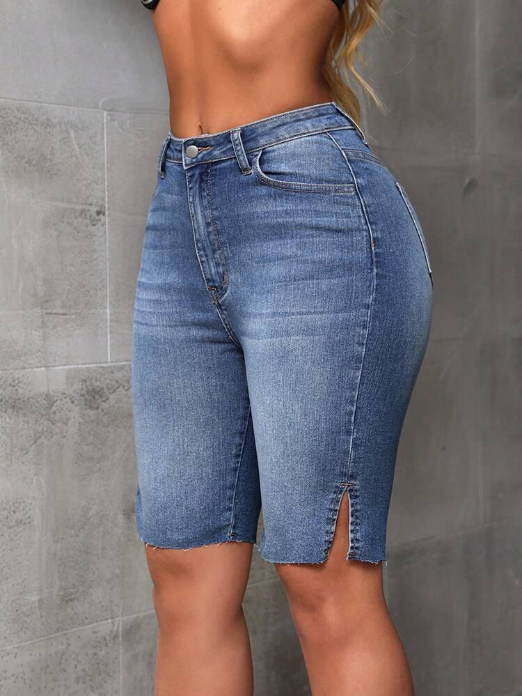 Women's Denim Shorts With Frayed Hem And Side Split Design