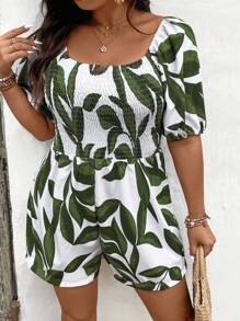 SHEIN LUNE Jumpsuit Ukuran Plus Shirred Tropis Boho - Hijau - View 4