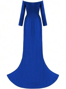 Pregnant Women Off Shoulder Long Sleeve High Slit Photography Robe For Maternity Photoshoot - Royal Blue - View 8