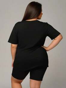Maweii Kích thước lớn Gợi cảm Hình môi Ngắn tay Áo thun Và Bộ quần short - màu đen - Xem 2