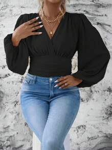 Celure Grote maten Effen kleur Lantern mouwen Cropped Shirt