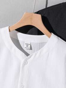 SHEIN 2 Miếng Cậu bé Tween Lỏng lẻo Phù hợp Ngắn tay Màu thuần Dệt Áo sơ mi Với Mở Vòng cổ , Ngày lễ Phong cách - Nhiều màu - Xem 3