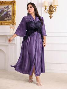 Modelyn Plus Size Color Block Lace Patchwork Front Button Dress - Multicolor - View 1