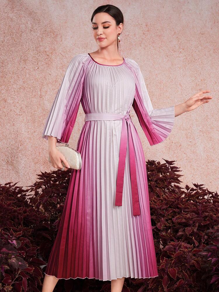 Women's Gradient Ruffled Flared Sleeve Pleated Dress Long Evening Dresses