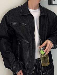 DAZY Chaqueta De Mezclilla Para Hombre Con Detalle De Costuras Exteriores - Negro - Ver 7