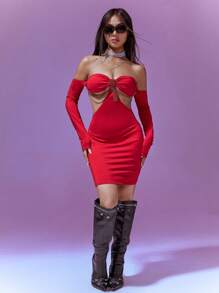 SHEIN Unity Off The Shoulder Dress With Hollow Waist And Diamond Chain Decoration - Burgundy - View 5