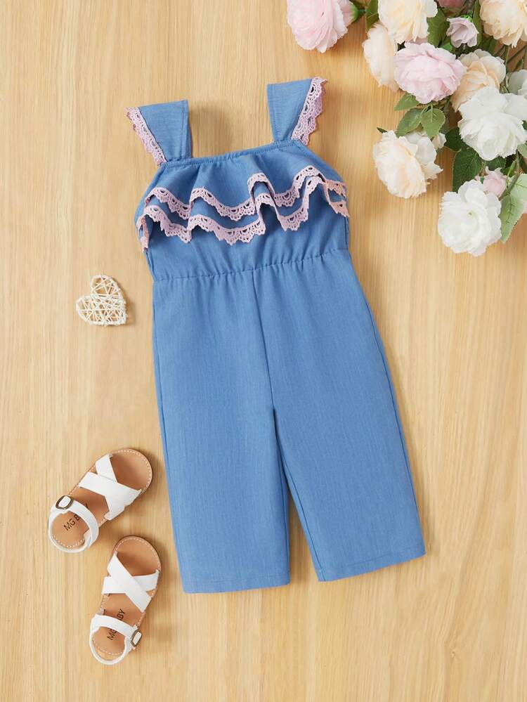 Baby Girl Casual Vacation Ruffle Trim Sleeveless Jumpsuit