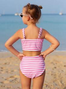 年轻女孩条纹细肩带比基尼套装，配有 3d 花朵装饰，适合夏季海滩 - 粉色 - 查看 2