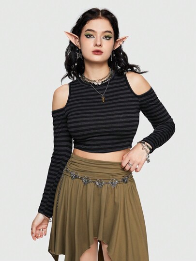 Fairycore Camiseta de rayas de hombros descubiertos