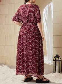 Mulvari Burgundy Red Plus Size Women's Floral Print Batwing Sleeve Dress - Burgundy - View 8