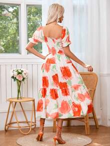 SHEIN VCAY Hoa In Ngắn tay Xoắn Nút & Pha lê Trang trí Đường viền cổ áo Đầm - Nhiều màu - Xem 2