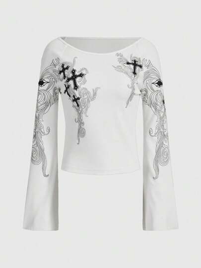Grunge Punk Cross Print Bell Sleeve Tee, School
