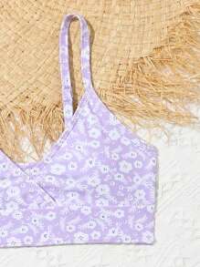 Tween Girl Cute 3pcs Purple Ditsy Floral Bikini Set(Random Print) With Cover Up Skirt, Bathing Suit Beach Outfit Summer Vacation Summer Beach Kids Swimming ,Kids Beachwear - Purple - View 5