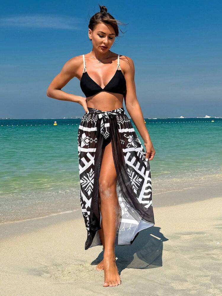 Geometric Print Bikini Set, Mesh Cover Up & Color Block Bikini Set Summer Beach