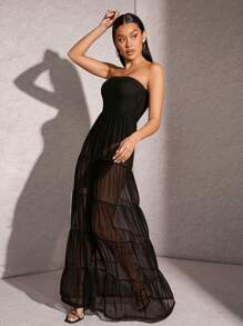 Hauture Tiered Sheer Hem Strapless Dress - Black - View 4