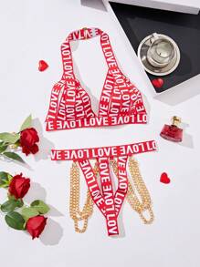 Letter Graphic Chain Detail Halter Lingerie Set - Red and White - View 1