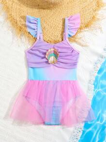 Traje De Baño De Una Pieza Para Niña Con Adorno De Concha Degradado Y Malla, Atuendo De Playa Para Verano De Vacaciones - Púrpura malva - Ver 4