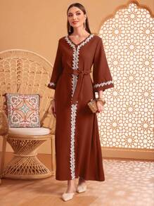 Al Najma Contrast Lace Patchwork Flare Sleeve Dress - Burnt Orange - View 5