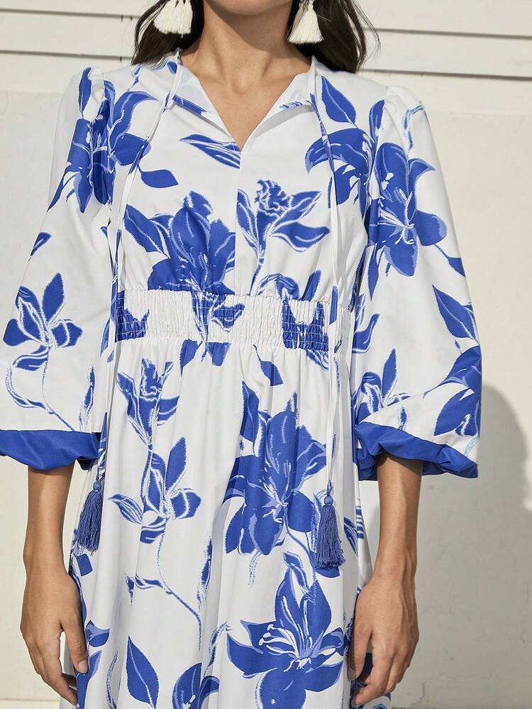 Women's Flower Printed Colorblock Lantern Sleeve Dress