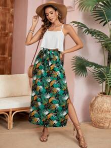 SHEIN VCAY 單色休閒背心上衣和熱帶印花分裙