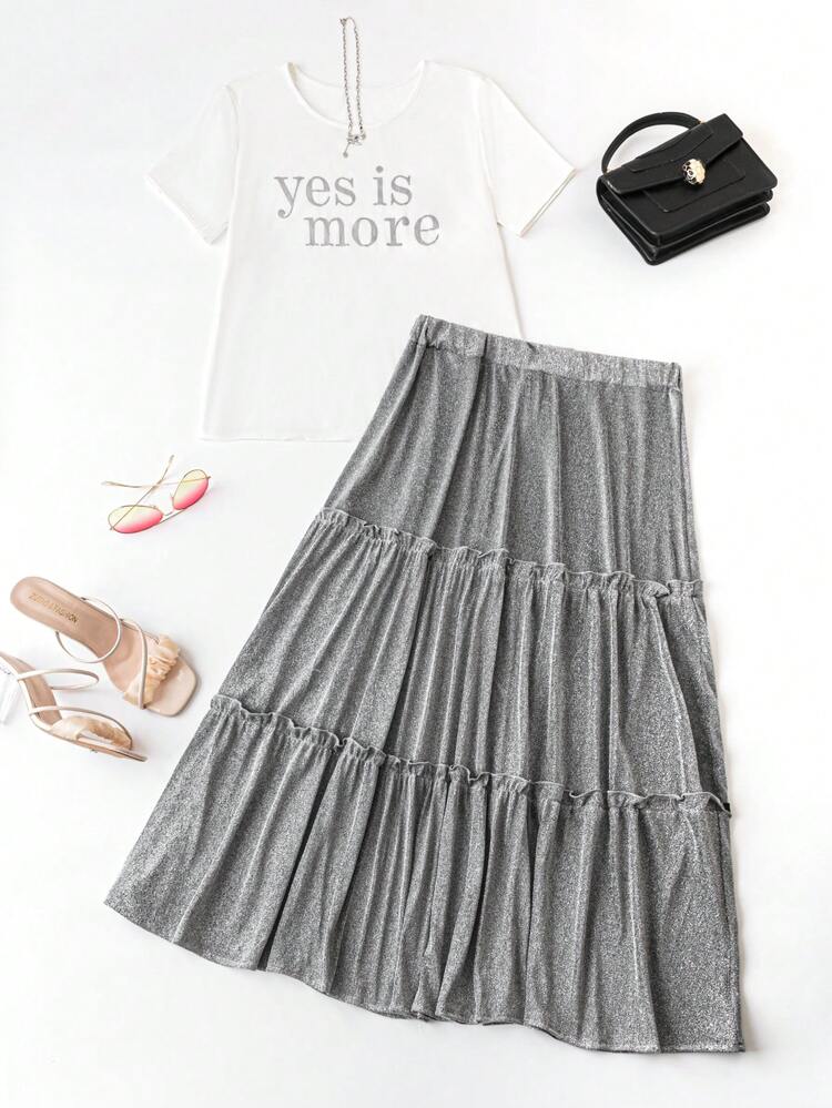 Plus Size Letter Printed Short Sleeve Top And Skirt Set