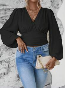 Celure Grote maten Effen kleur Lantern mouwen Cropped Shirt