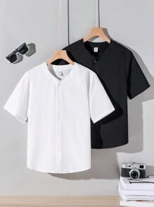 SHEIN 2 Miếng Cậu bé Tween Lỏng lẻo Phù hợp Ngắn tay Màu thuần Dệt Áo sơ mi Với Mở Vòng cổ , Ngày lễ Phong cách - Nhiều màu - Xem 1