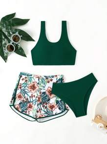Ensemble de bikini avec imprimé de plantes pour adolescentes, tenue de plage d'été pour les vacances à la plage