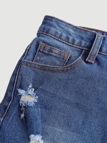SHEIN Teen Girls' Y2K Spring Summer Boho Ripped Roll Up Hem Denim Shorts, Summer - Medium Wash - View 3