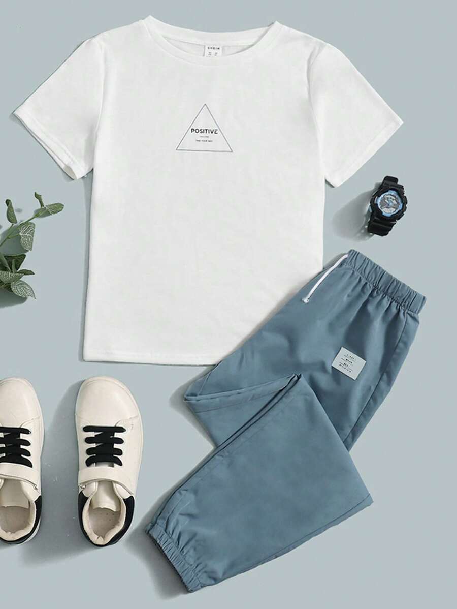 SHEIN Teen Boys' Casual Triangle Graphic Printed Short Sleeve T-Shirt ...