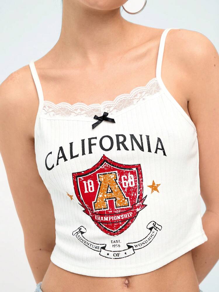 Women's Splice Lace Letter Print Camisole Tank Top